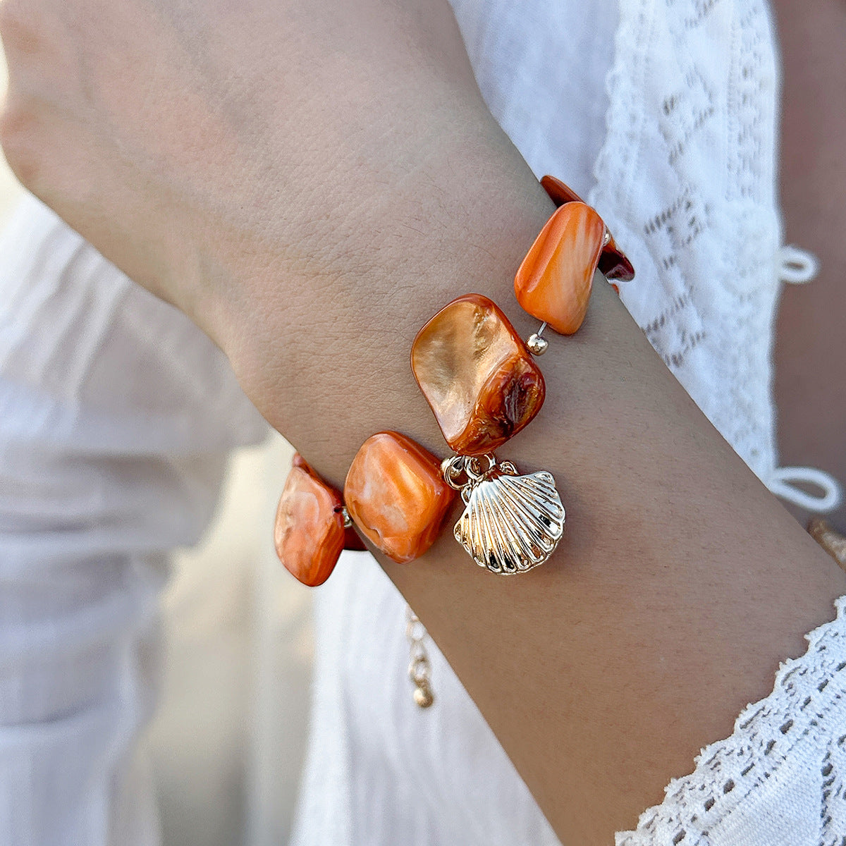 Shell Multi Gemstone Beads 18K Gold Anti Tarnish Bracelet Women Bulk