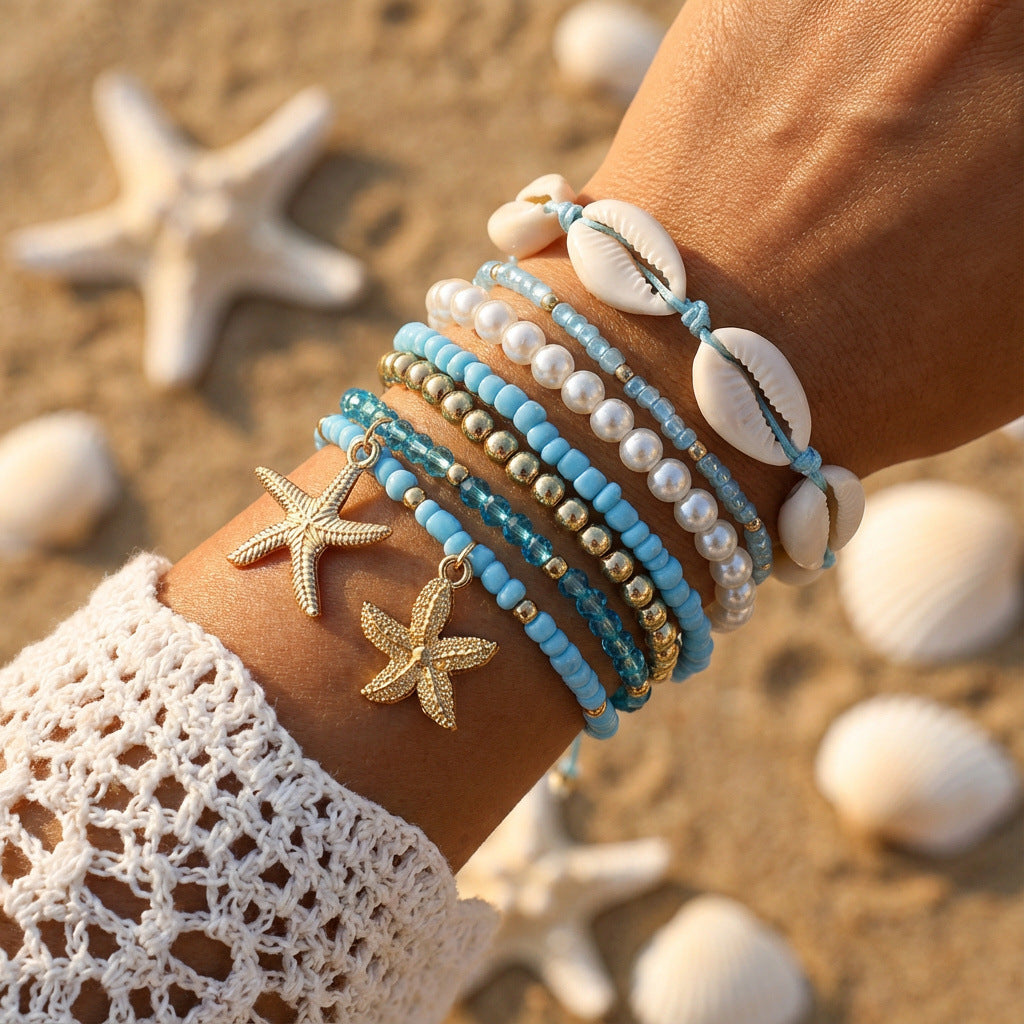 Blue Coastal Style Starfish Shell Layered Gold Pearl Beads Bracelet Bulk