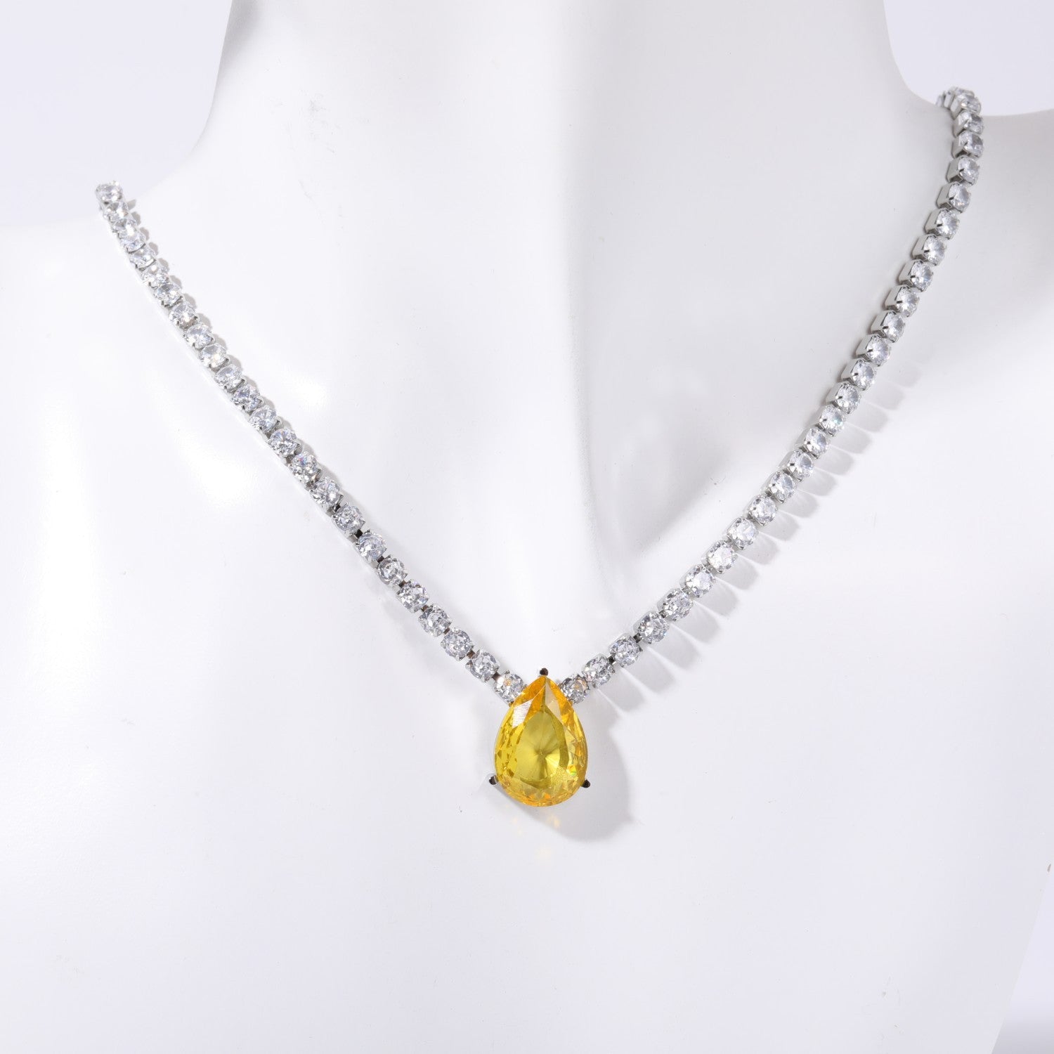 Drop Solitaire Silver Yellow Cubic Zirconia Crystal Stainless Steel Anti Tarnish Necklace Chain For Women Main image