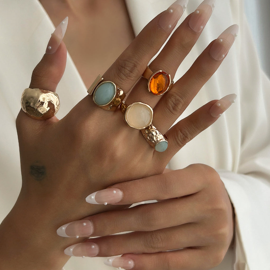 Beaten Finish Green Orange Gemstone Gold Ring Combo Pack Of 5 Bulk