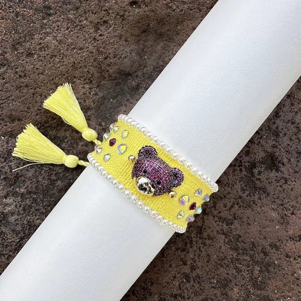 Teddy Bear Face Crystal Fabric Writ Band Threads Bracelet Bulk