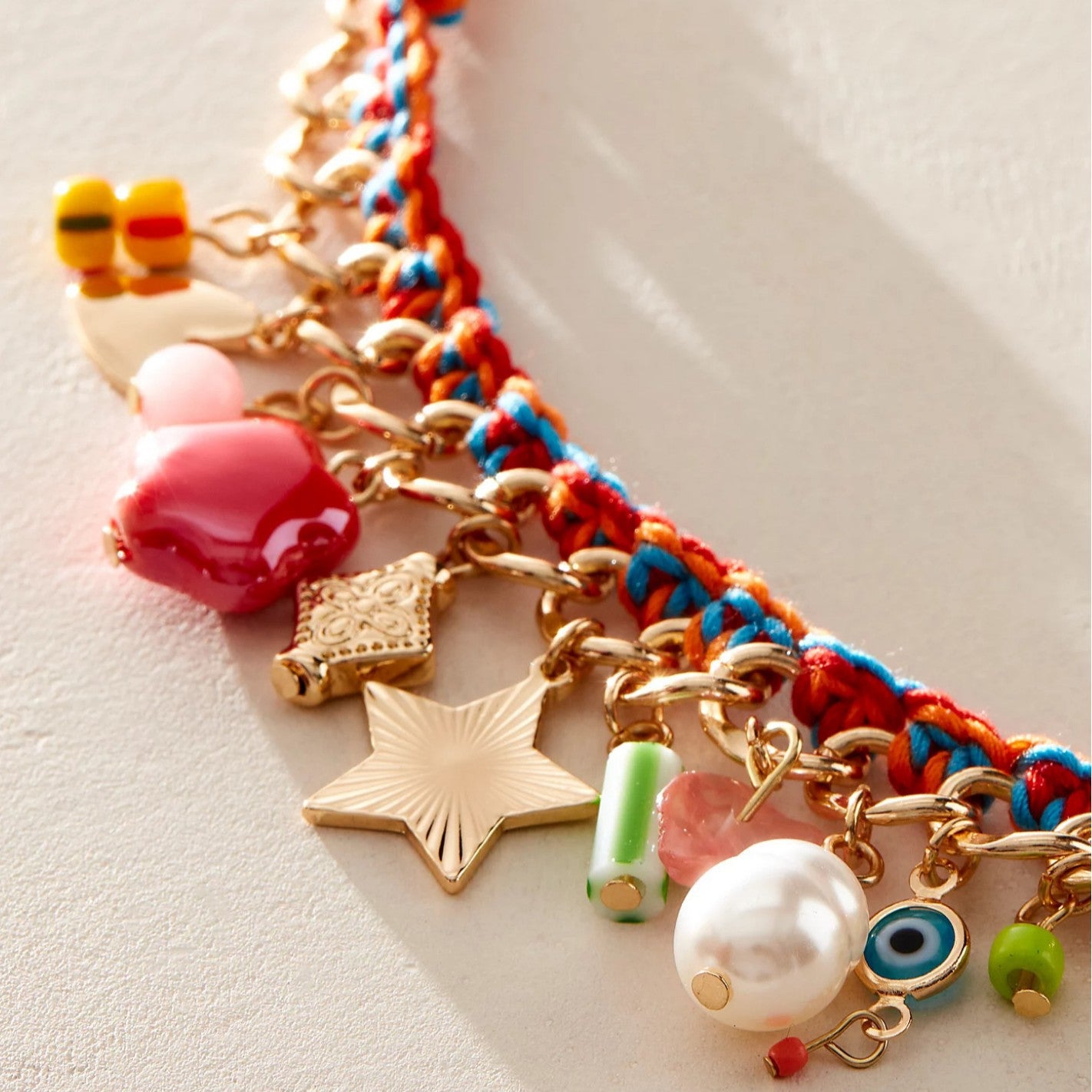 Bohemian Braided Rope Pearl Star Stainless Steel Curb Chain Charm Bracelet For Women