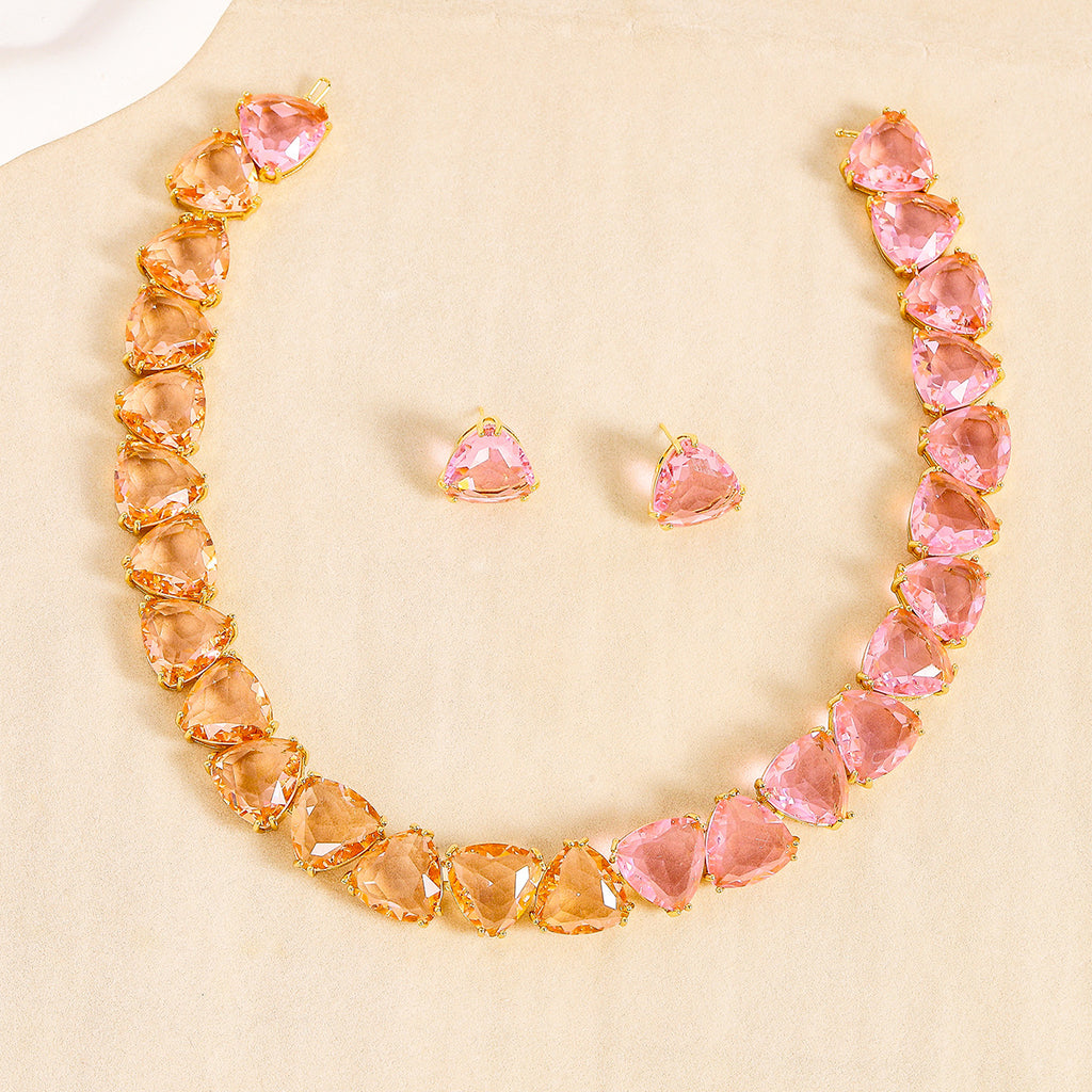 Pink White Designer Heart-Cut Gold CZ Copper Necklace Earring Set Bulk