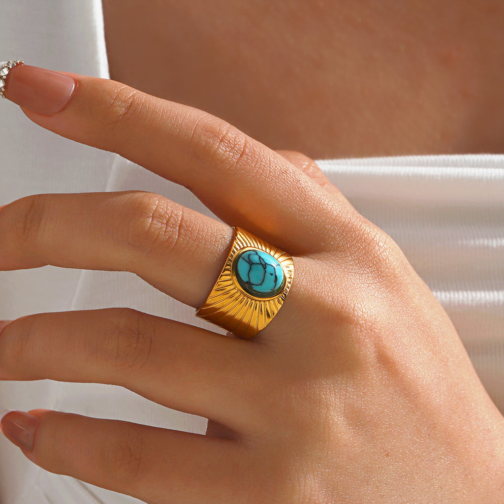 Multi Gemstone 18K Gold Turquoise Tiger Eye Pearl Anti Tarnish Stainless Steel Band Ring For Women