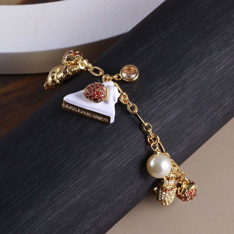 Strawberry Cake Bread Inlaid Pearl Cubic Zirconia Anti Tarnish Charm Chain Bracelet For Women