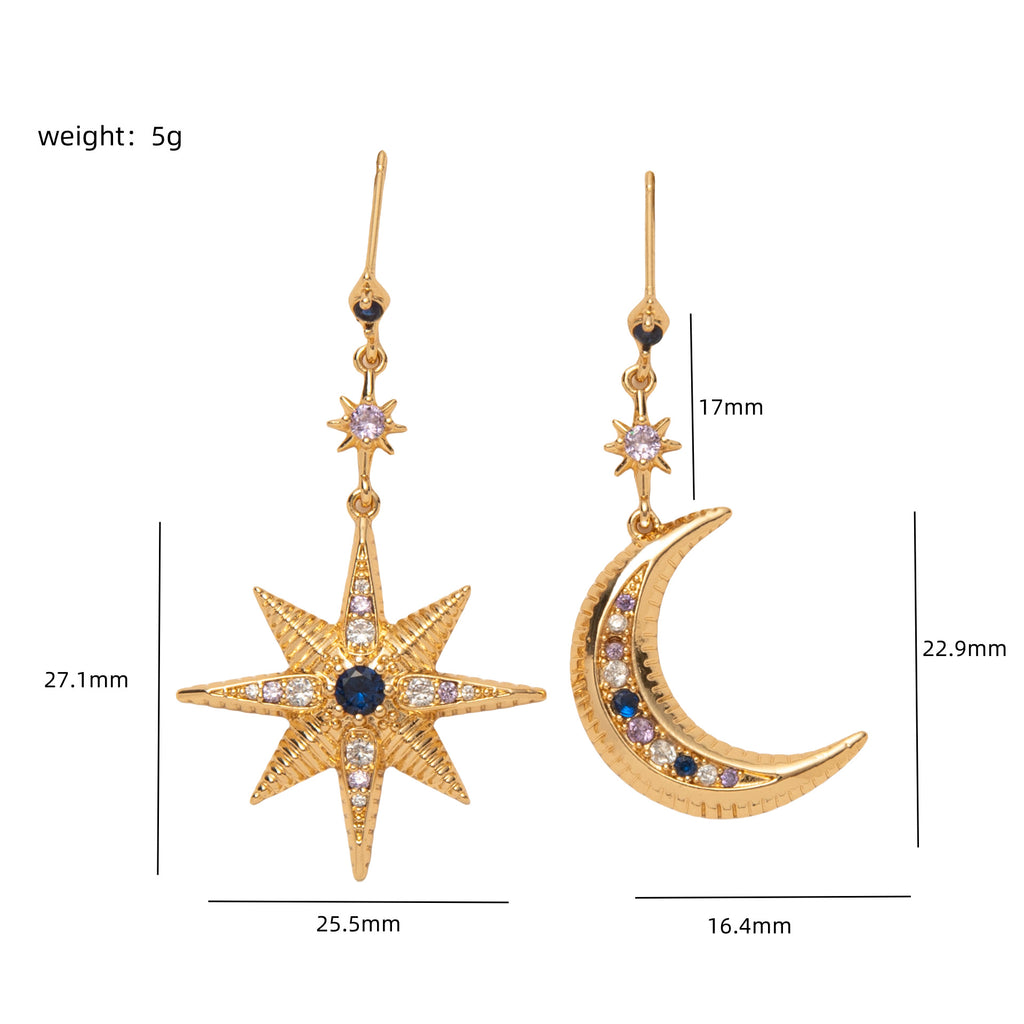 Star Moon 18K Gold CZ Anti Tarnish Dangler Hoop Earring Bulk