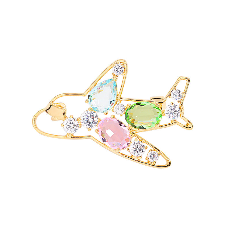 Modern Aircraft Style Gold Plated Multi Color Crystal Copper Brooch Bulk