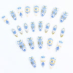 Flower Evil Eye Blue Gold Finger Nail Pack Of 10 + Extra 14 Women Bulk