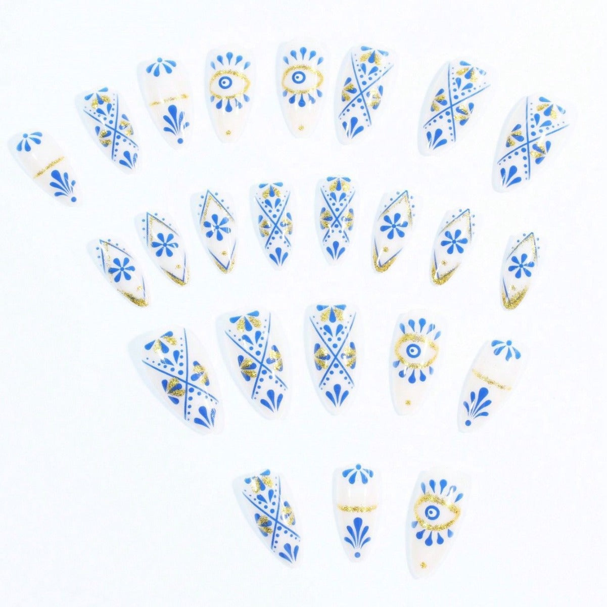 Flower Evil Eye Blue Gold Finger Nail Pack Of 10 + Extra 14 Women Bulk