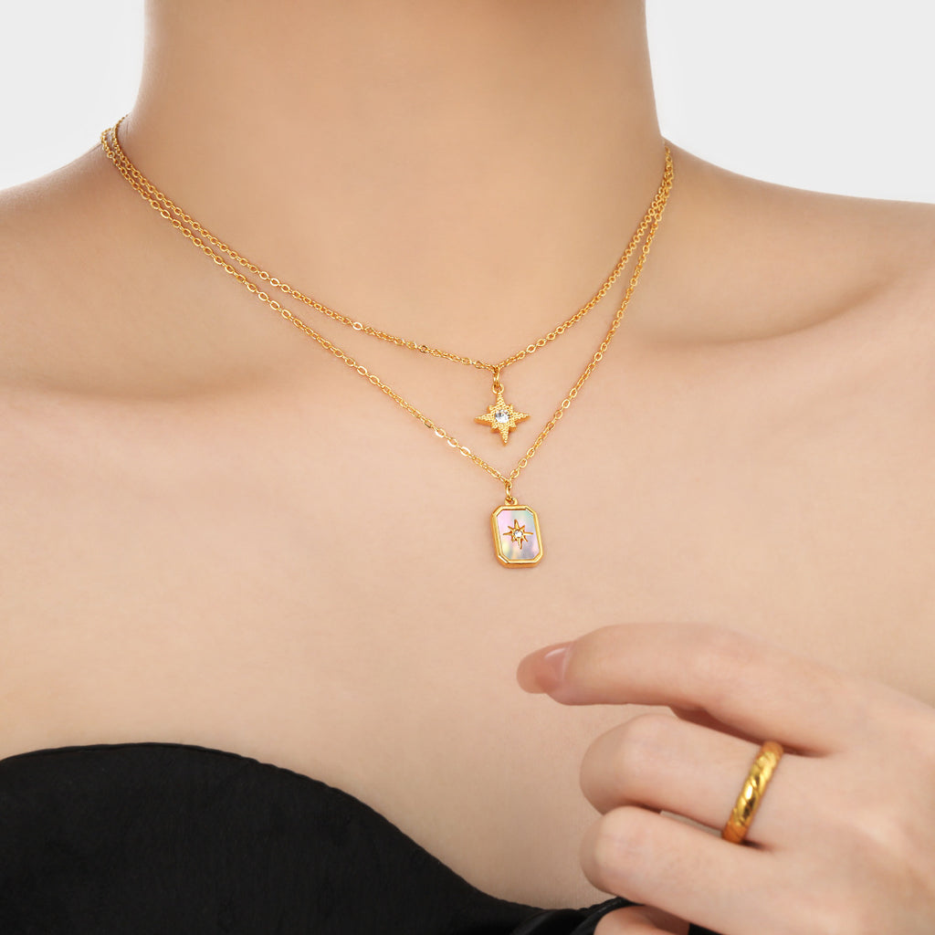 Star Mother Of Pearl 18K Gold Stainless Steel Anti Tarnish Dual Layer Necklace Pendant Chain For Women