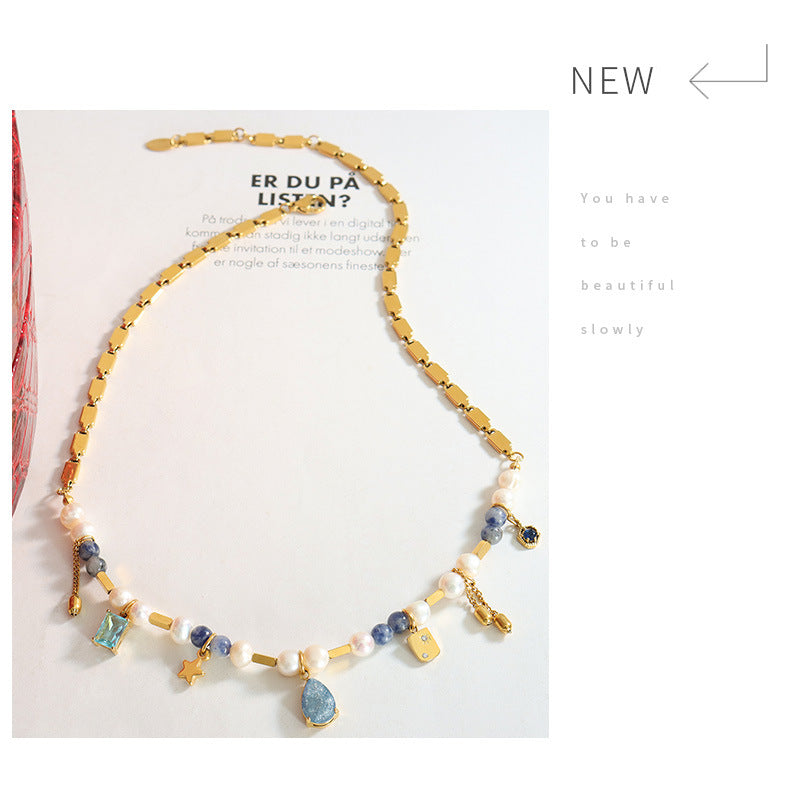 Drop Pearl Blue Purple 18K Gold Anti Tarnish Necklace Chain Women Bulk