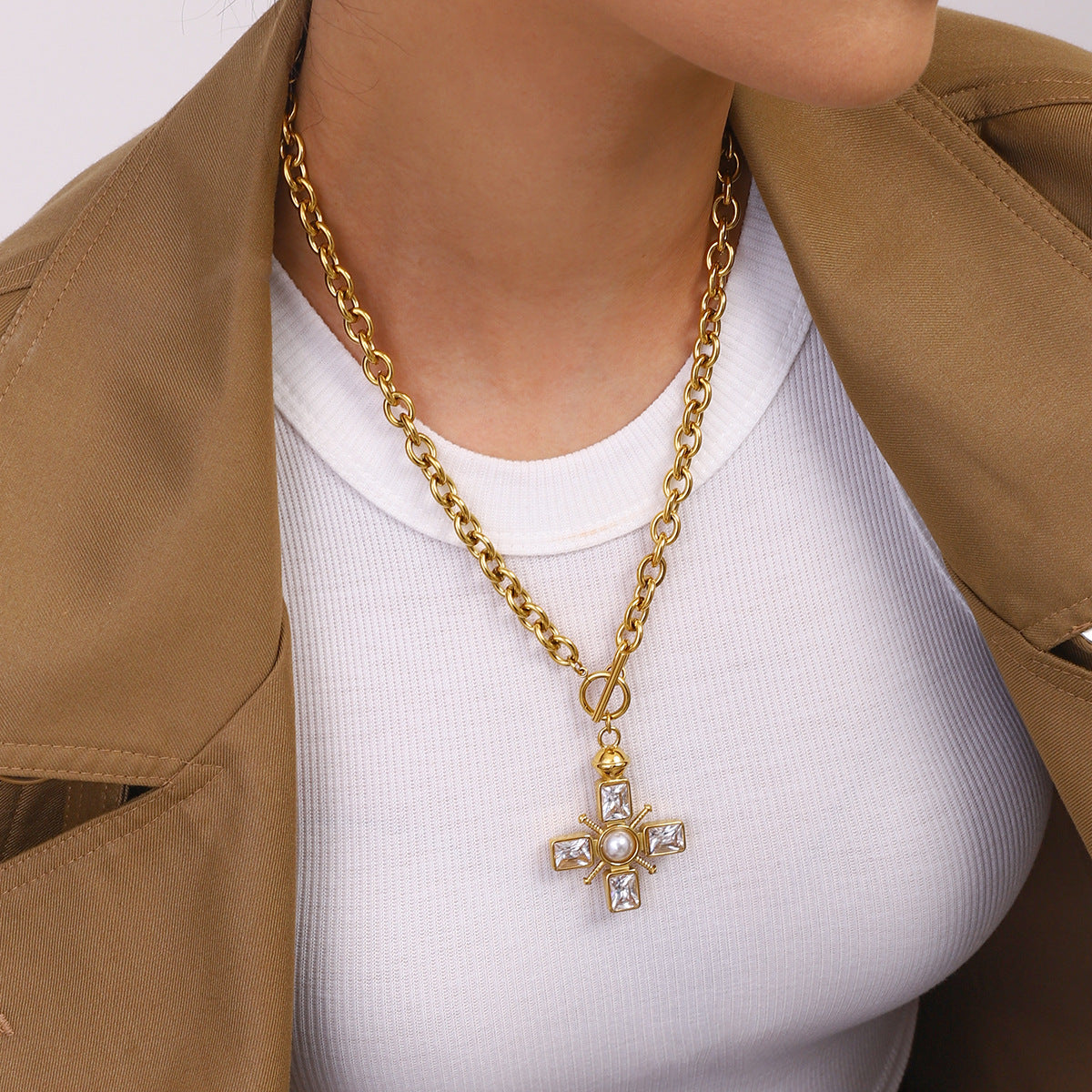 Cross Rectangle Solitaire 18K Gold Cubic Zirconia Pearl Anti Tarnish Stainless Steel Necklace Pendant Chain For Women Secondary image