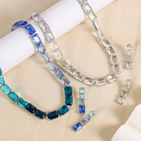 Blue White Rectangular Cut Silver CZ Copper Necklace Earring Set Bulk Main image