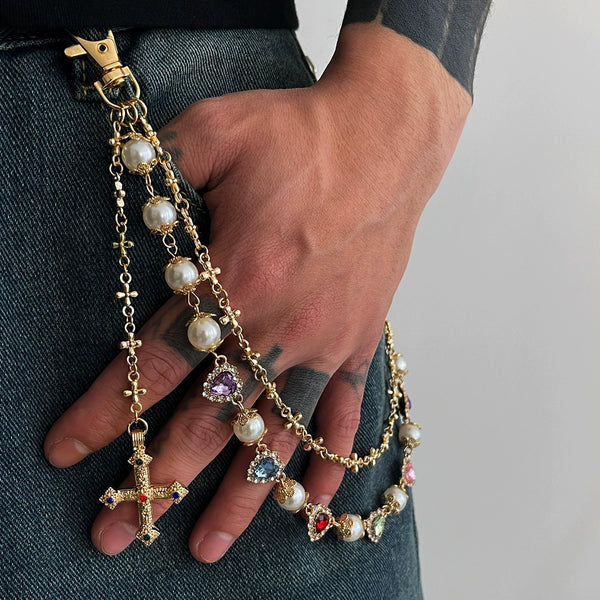 Multi Strand Gold CZ Faux Pearl Cross Charm Jean Wallet Chain Bulk Main image