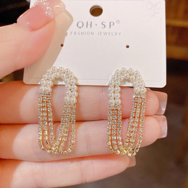 Rhinestone Pearl Layer Gold Anti Tarnish Dangler Tassel Earring Bulk