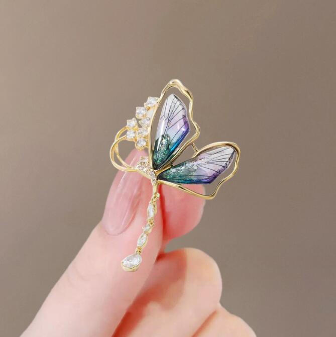 Purple Green Butterfly Gold Cubic Zirconia Copper Brooch For Women Bulk