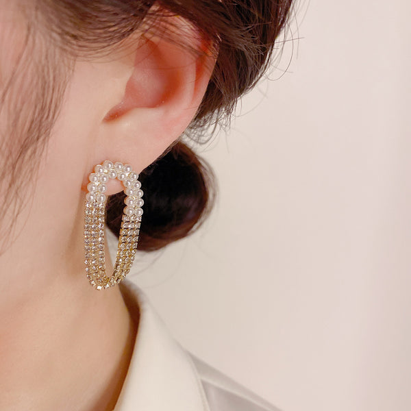 Rhinestone Pearl Layer Gold Anti Tarnish Dangler Tassel Earring Bulk Secondary image
