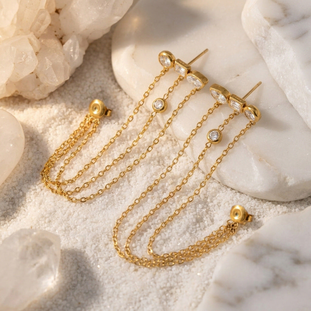 Luxury Triple Chain Gold Plated CZ Copper Drop Earrings Wholesale