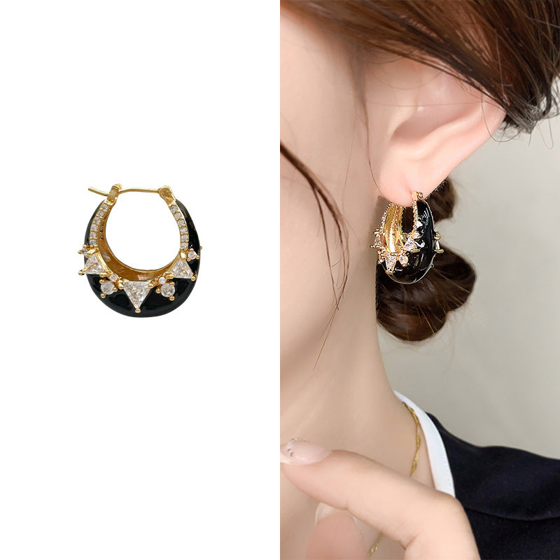 Solitaire Enamel Black 18K Gold Silver Anti Tarnish Hoop Earring Bulk