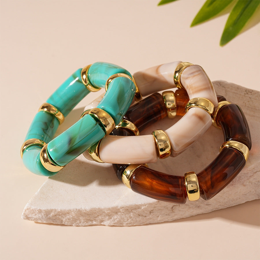 Acrylic Bamboo 18K Gold Blue Beads Stackable Adjustable Bracelet Bulk Main image