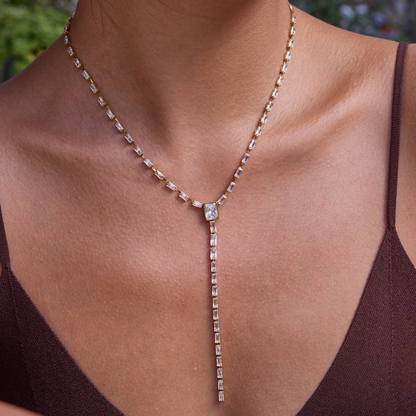 Gold Baguette Cubic Zirconia Stainless Steel Necklace For Women Bulk Main image