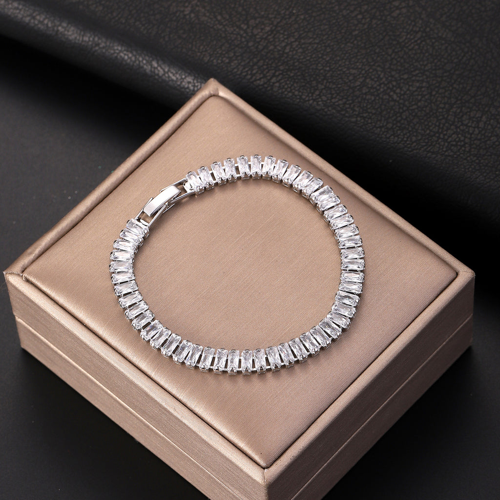 Bulk White Baguette Tennis Style Silver CZ Anti Tarnish Brass Bracelet