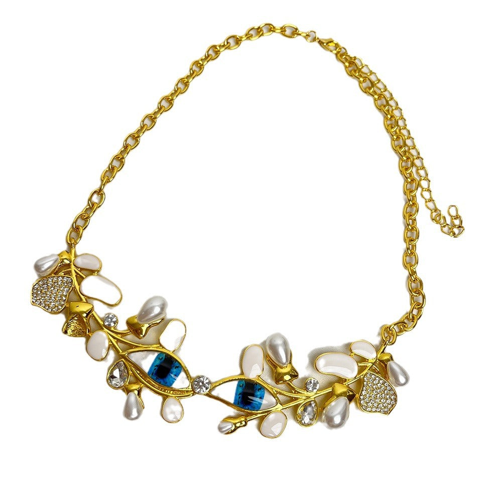 Evil Eye Leaf 18K Gold CZ Enamel Pearl Necklace Earring Set Bulk