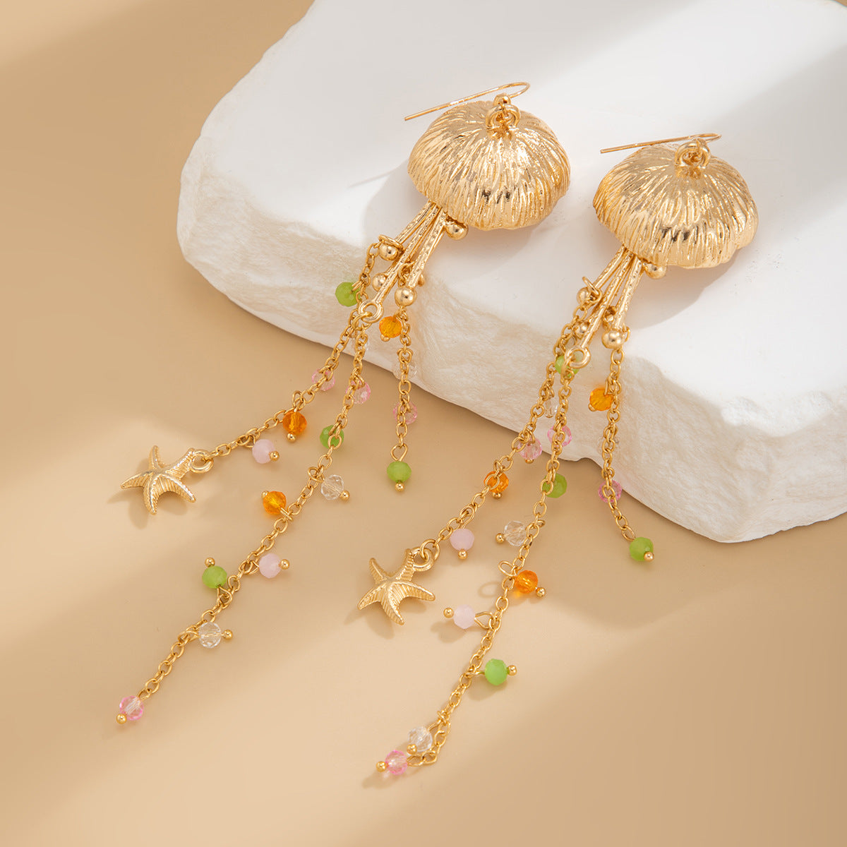 Star Fish Bohemian Beads Crystal 18K Gold Jhumki Dangler Tassel Earring For Women Main image