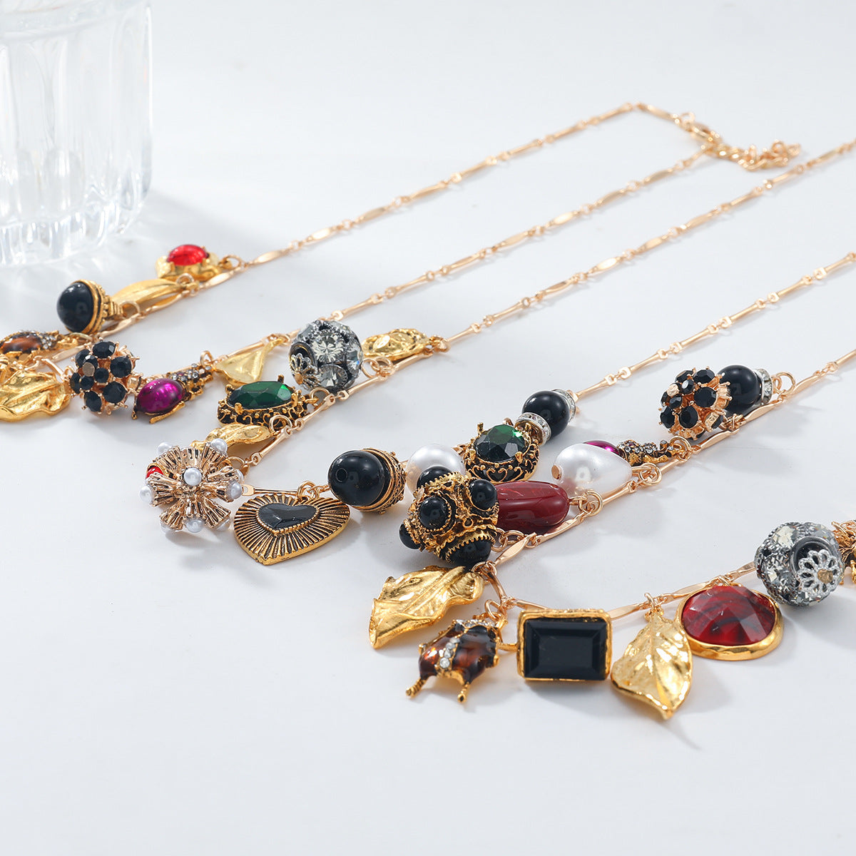 Multi Gemstone Pearl Gold Multiple Charm Necklace Chain Pack Of 3 Bulk