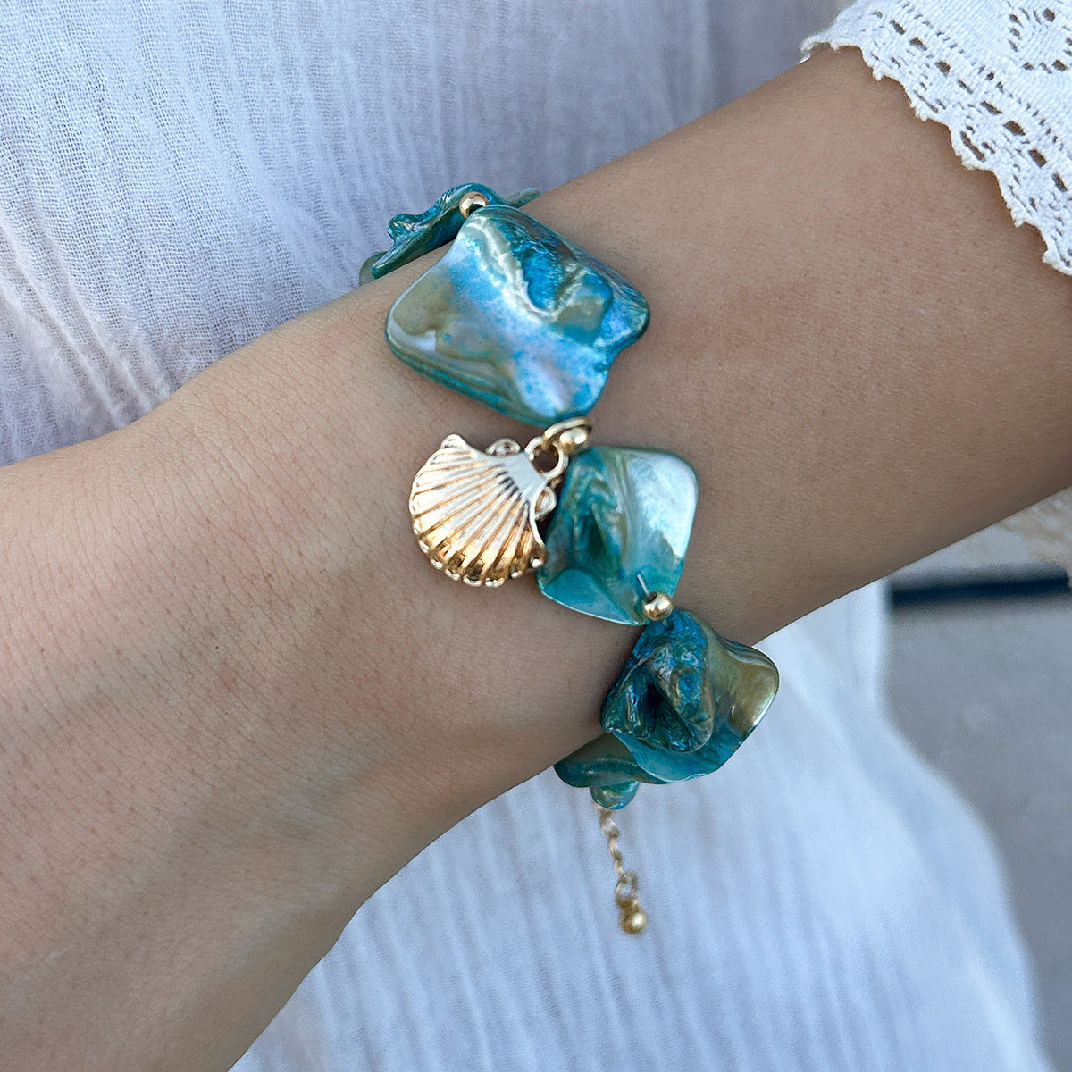 Shell Multi Gemstone Beads 18K Gold Anti Tarnish Bracelet Women Bulk