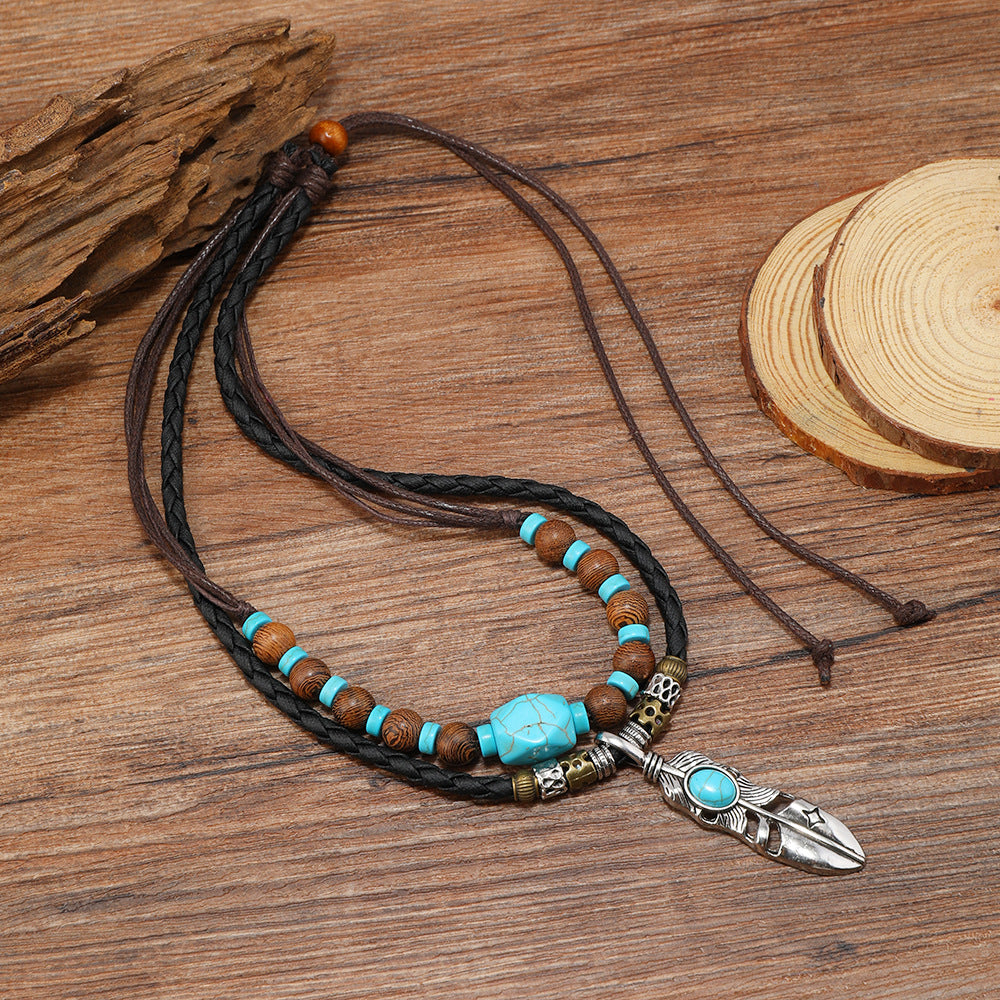 Feather Turquoise Green Brown Beads Wooden Dual Layer Rope Necklace For Women Secondary image