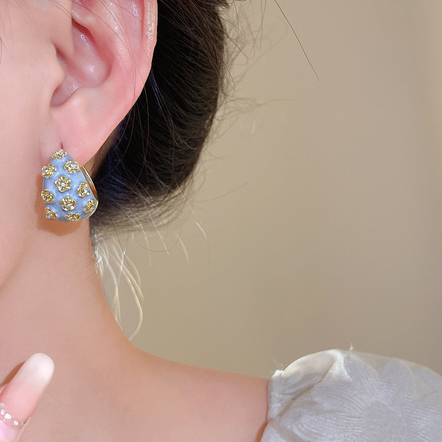 Flower White Grey 18K Gold CZ Enamel Hoop Stud Earring Pair Bulk