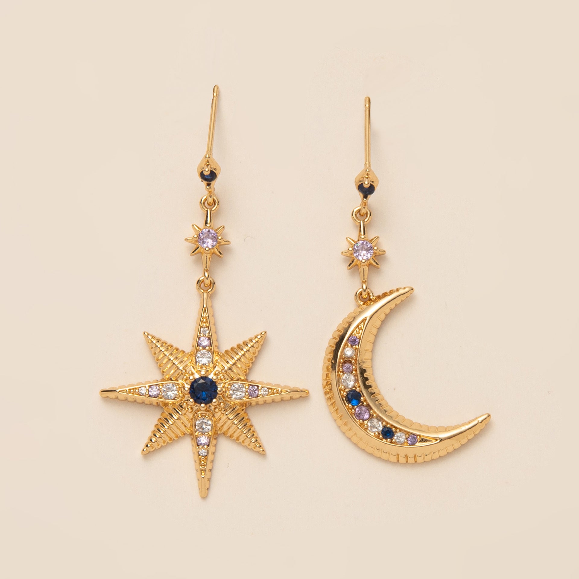 Star Moon 18K Gold CZ Anti Tarnish Dangler Hoop Earring Bulk