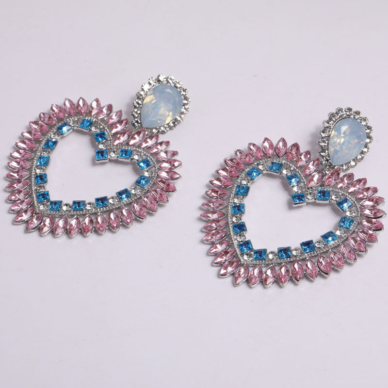 Heart Silver Pink Blue Crystal Cubic Zirconia Dangler Earring Bulk