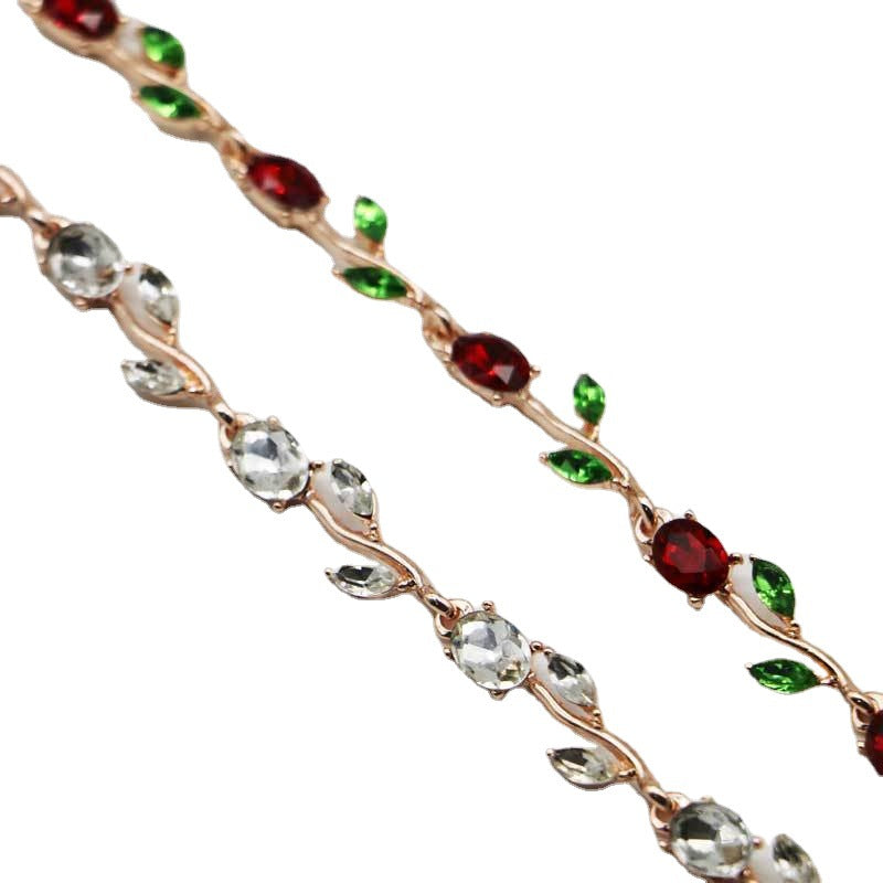 Elegant Rose Gold Bracelet With Red Crystals And Green Leaves Bulk