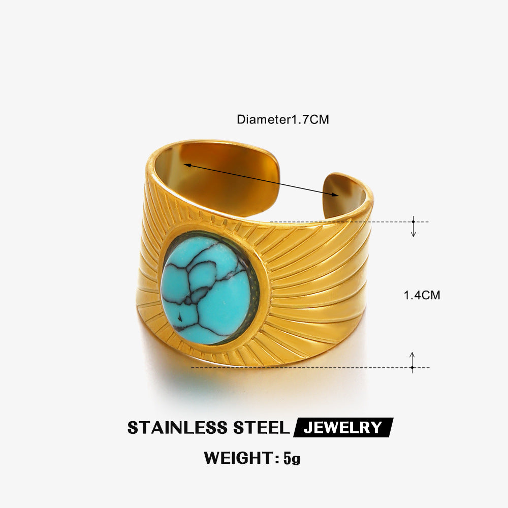Multi Gemstone 18K Gold Turquoise Tiger Eye Pearl Anti Tarnish Stainless Steel Band Ring For Women