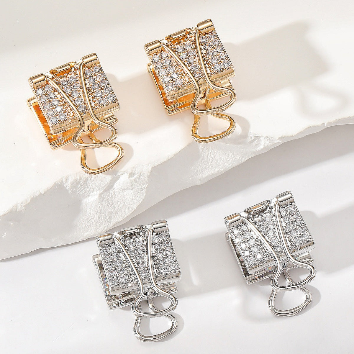 Modern Geometric Clip Style Gold Silver CZ Copper Stud Earrings Bulk