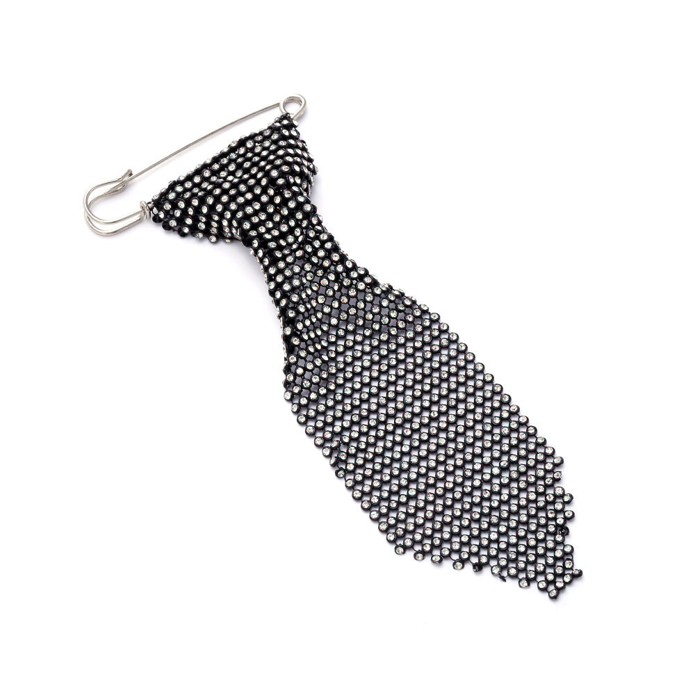 Designer Black Rhinestone Crystal Silver Plated Tie Shape Brooch Bulk