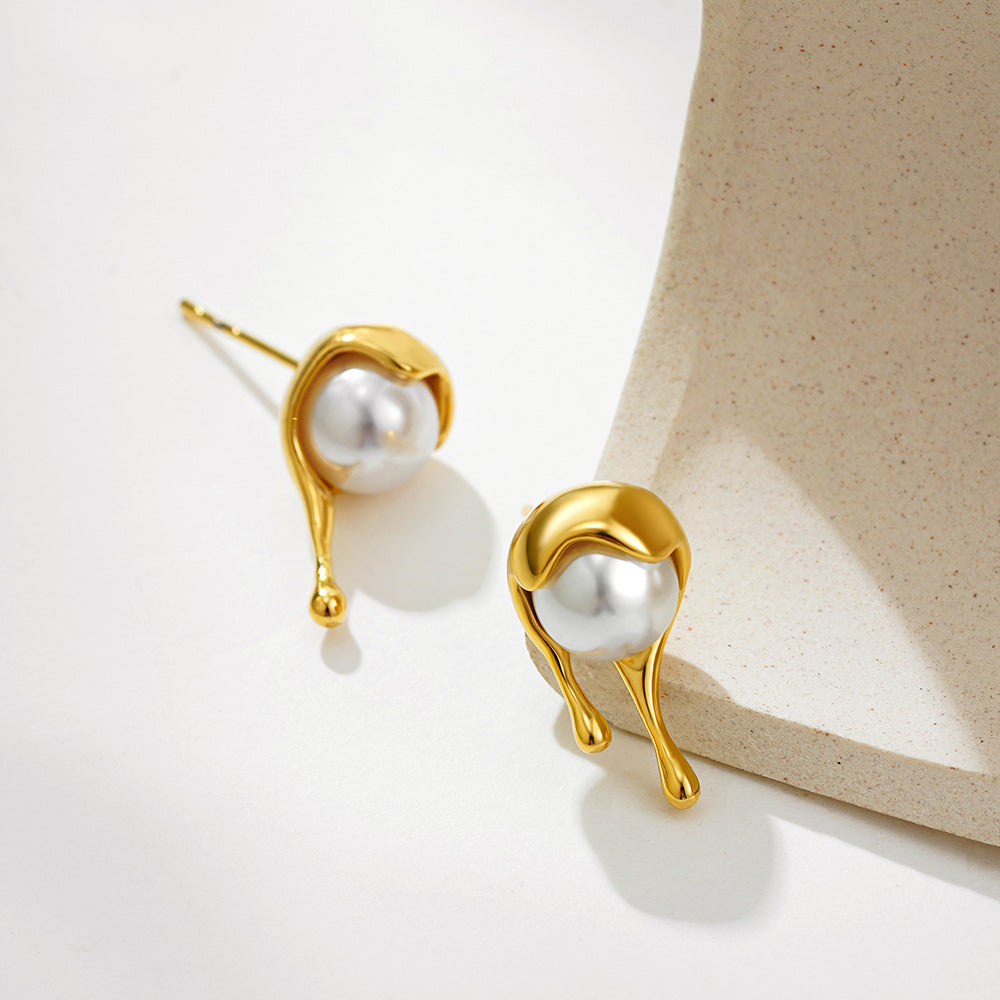 Organic Drop Gold Plated Pearl Stainless Steel Stud Earrings Wholesale