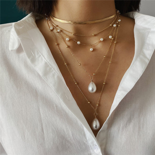 Drop White 18K Gold Anti Tarnish Pearl Layer Link Chain Anti Tarnish Necklace For Women Secondary image