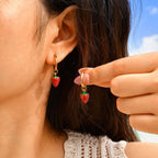Bulk Red Strawberry Charm Gold Enamel Stainless Steel Hoop Earrings