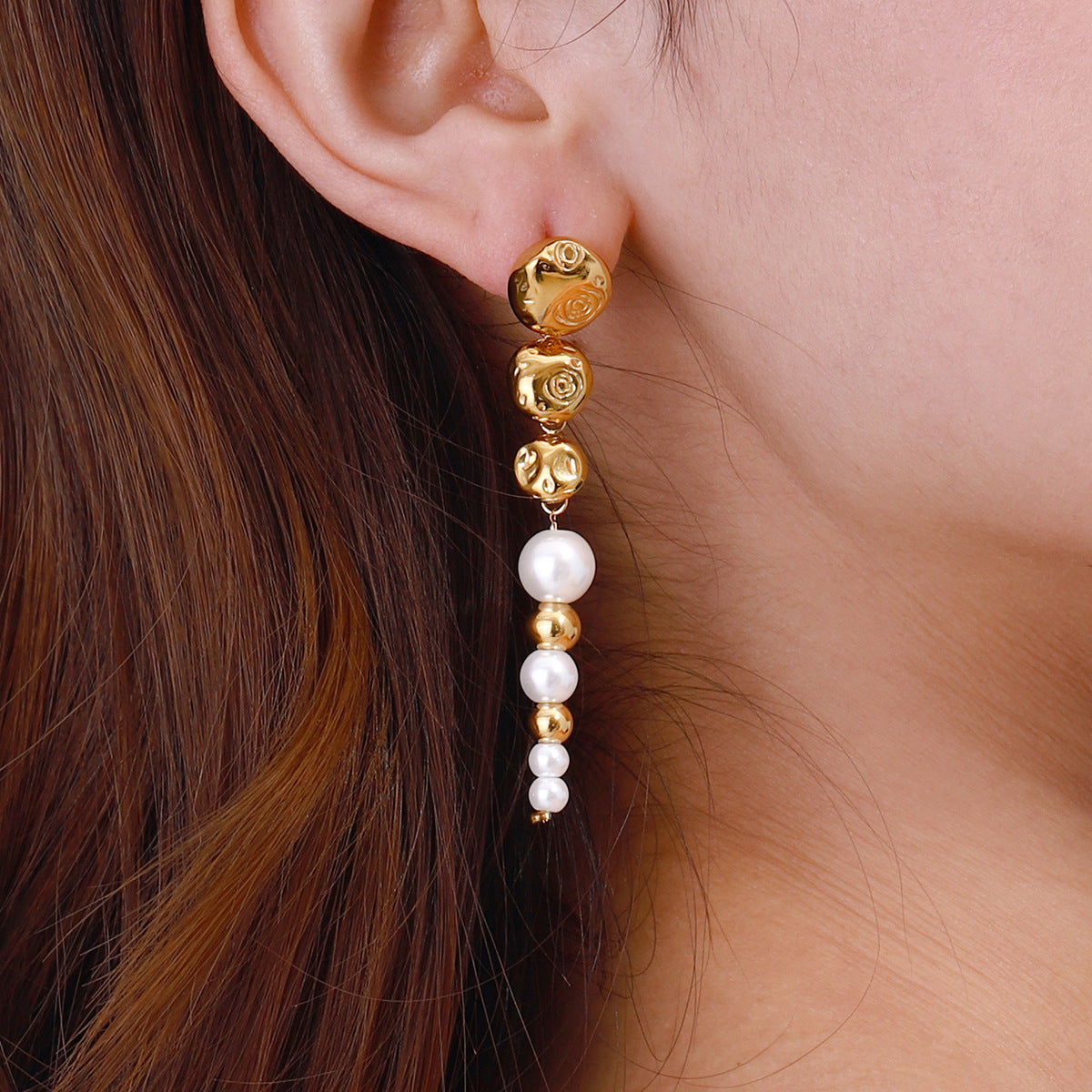Beads Pearl 18K Gold White Anti Tarnish Stainless Steel Dangler Drop Earrings For Women