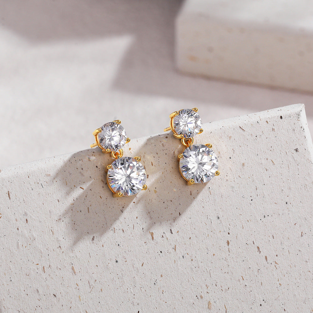 Elegant Double Round Gold Plated CZ Stainless Steel Stud Earrings Bulk
