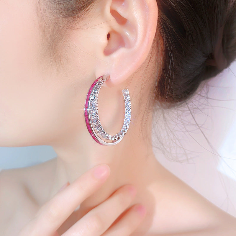 Baguette Blue Pink Silver CZ Anti Tarnish Hoop Earring Bulk Secondary image