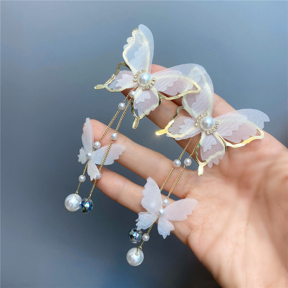 Fairy 18K Gold Long Butterfly White Pearl Anti Tarnish Necklace Earrings Set For Women