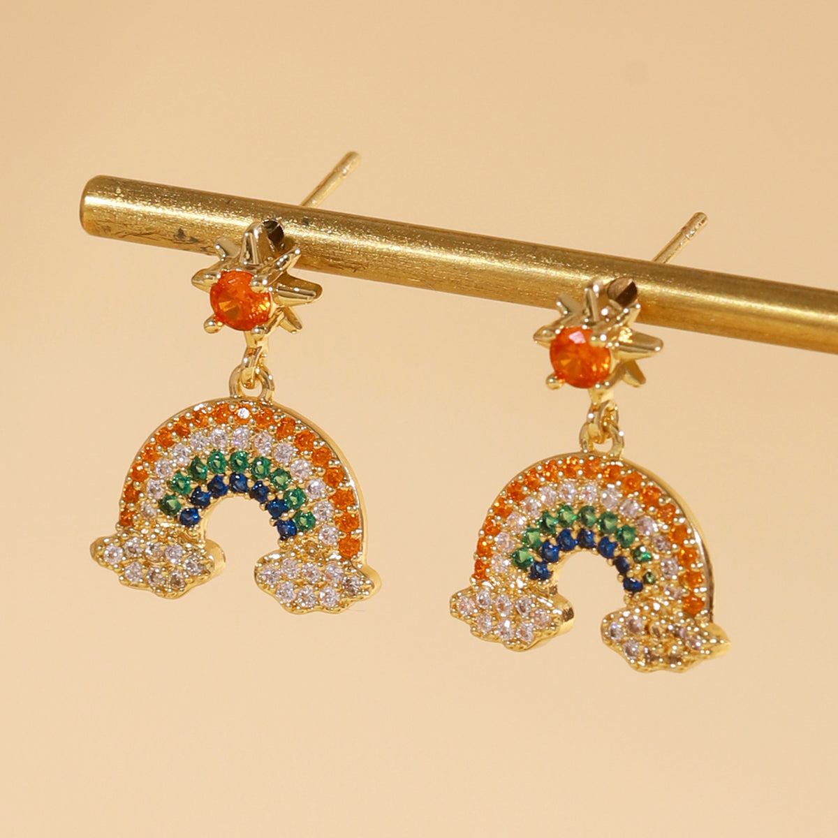 Designer Multi Color Rainbow Horseshoe Gold CZ Copper Drop Earrings Bulk