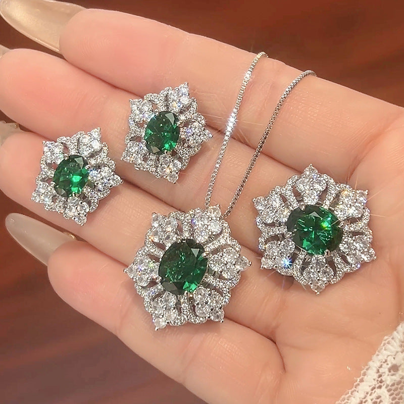 Flower Red Gemstone Silver CZ Necklace Earring Ring Set Bulk