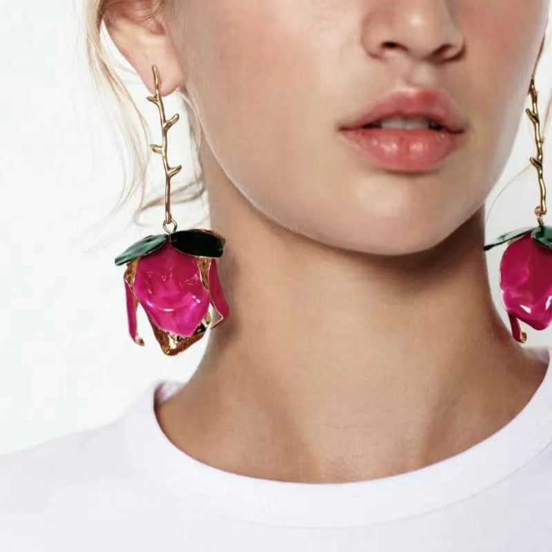 Pink Blue Red White Flower Gold Plated Enamel Dangler Earrings For Women Secondary image