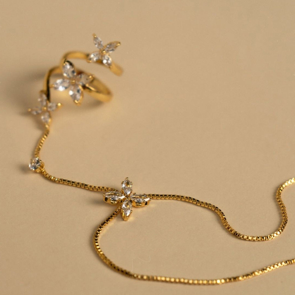 Flower Solitaire Gold Silver Anti Tarnish Box Chain Bracelet Joint Ring For Women