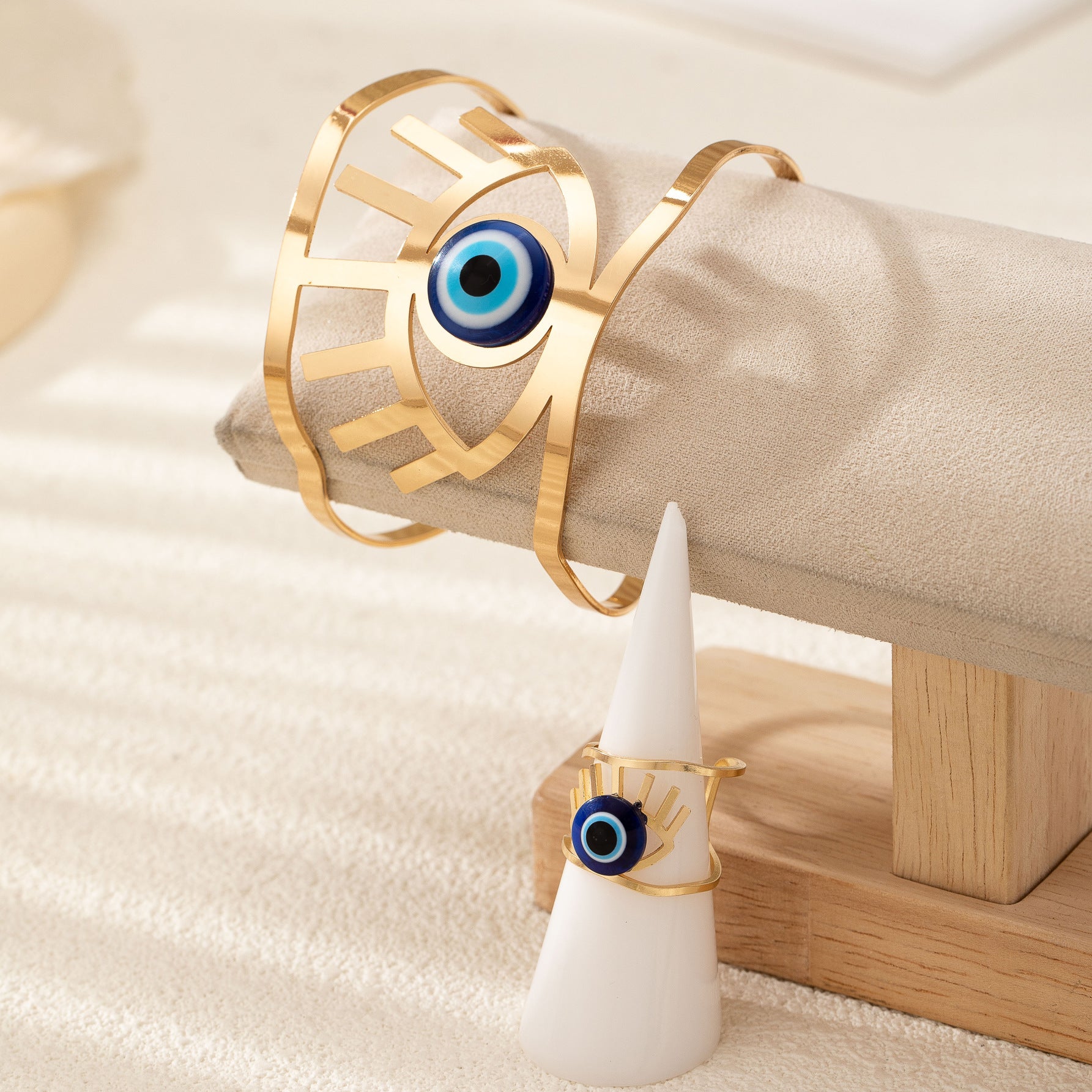 Evil Eye 18K Gold Blue Adjustable Cuff Bracelet Band Ring Women Bulk